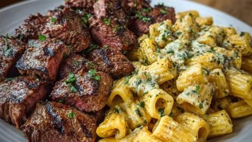 Garlic Butter Steak with Creamy Parmesan Rigatoni
