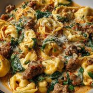 Garlic Butter Tortellini in Creamy Sauce with Beef, Italian Sausage & Spinach