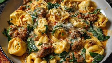 Garlic Butter Tortellini in Creamy Sauce with Beef, Italian Sausage & Spinach