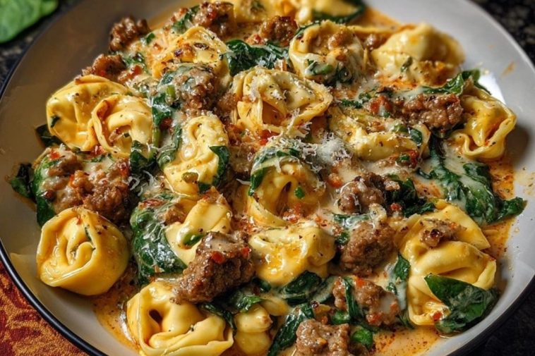 Garlic Butter Tortellini in Creamy Sauce with Beef, Italian Sausage & Spinach