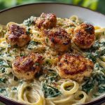 Garlic Chicken Bites & Creamy Cajun Spinach Artichoke Alfredo Pasta