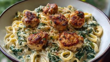 Garlic Chicken Bites & Creamy Cajun Spinach Artichoke Alfredo Pasta