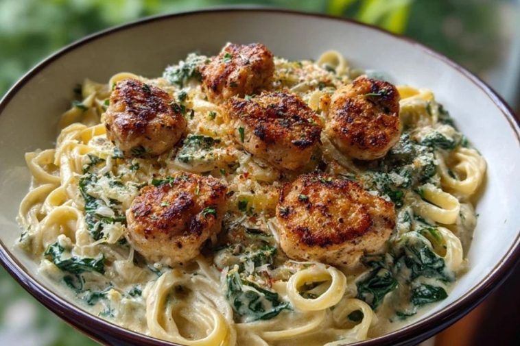 Garlic Chicken Bites & Creamy Cajun Spinach Artichoke Alfredo Pasta