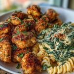 Garlic Parmesan Chicken Bites with Hot Cajun Alfredo & Crispy Spinach Twists