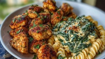 Garlic Parmesan Chicken Bites with Hot Cajun Alfredo & Crispy Spinach Twists