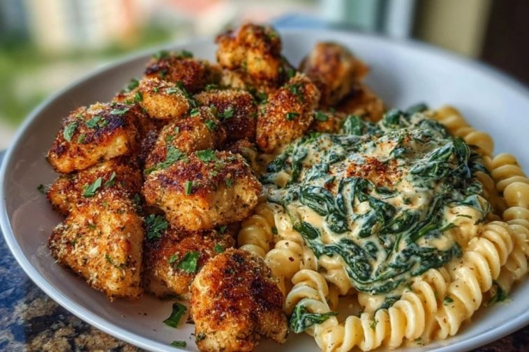 Garlic Parmesan Chicken Bites with Hot Cajun Alfredo & Crispy Spinach Twists