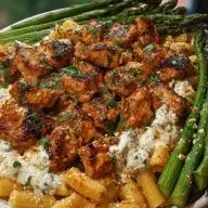 Greek Chili Chicken Alfredo Recipe with Smoked Feta Cream and Crispy Parmesan Asparagus