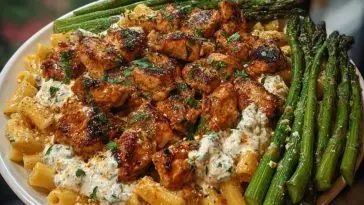 Greek Chili Chicken Alfredo Recipe with Smoked Feta Cream and Crispy Parmesan Asparagus