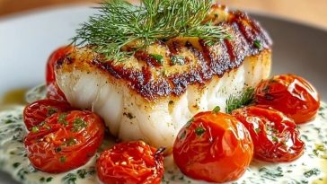 Grilled Cod with Roasted Tomatoes & Creamy Dill Sauce