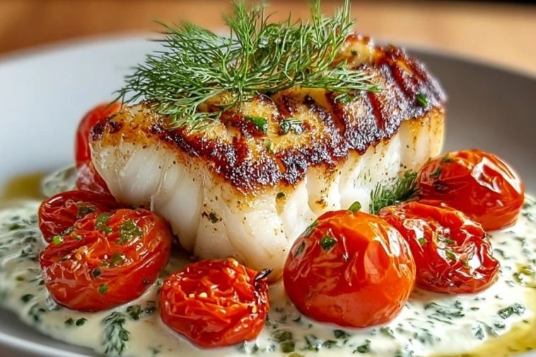 Grilled Cod with Roasted Tomatoes & Creamy Dill Sauce