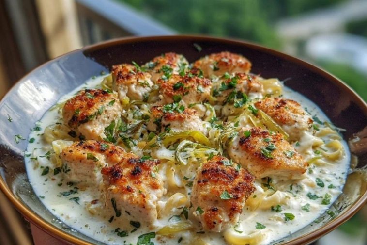 Herbed Chicken Alfredo with Truffle Feta Cream & Crispy Parmesan Leeks
