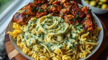 Hot Honey Cajun Chicken Alfredo with Basil Feta Swirl & Crispy Brussels Chips