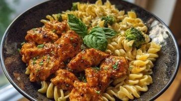 Hot Honey Garlic Chicken Bites & Cajun Alfredo with Crispy Broccoli Twists