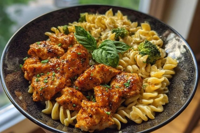 Hot Honey Garlic Chicken Bites & Cajun Alfredo with Crispy Broccoli Twists