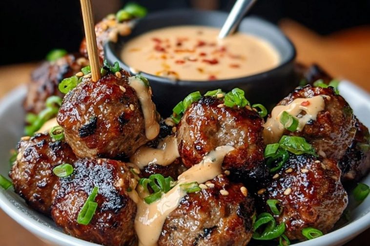 Korean BBQ Meatballs with Spicy Mayo Dip