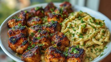 Maple Garlic Chicken Bites with Spicy Cajun Alfredo