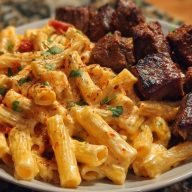 Penne with Creamy Velveeta Four-Cheese and Cajun Beef Bites