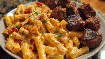 Penne with Creamy Velveeta Four-Cheese and Cajun Beef Bites
