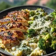 Pesto Chicken Alfredo with Spicy Feta Cream & Parmesan Broccoli Crunch