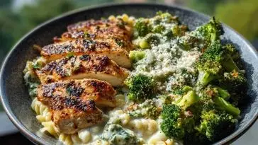 Pesto Chicken Alfredo with Spicy Feta Cream & Parmesan Broccoli Crunch