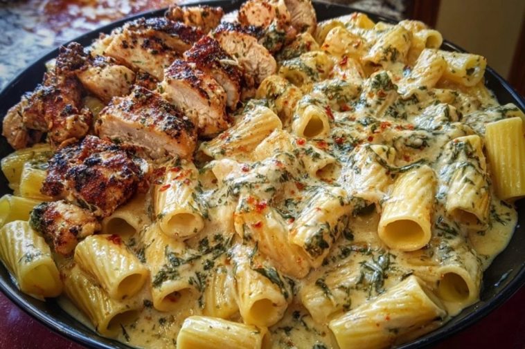 Rigatoni in Cheesy Italian Herb Alfredo with Cajun Chicken