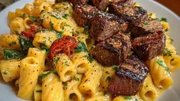 Rigatoni in Garlic Butter Parmesan Cream Sauce with Cajun Steak Tips