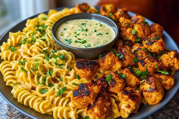 Spicy Buffalo Garlic Chicken Bites Recipe with Creamy Ranch Cajun Alfredo Pasta