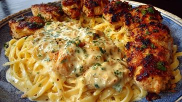 Spicy Cheesy Garlic Butter Chicken with Linguine in Four-Cheese Sauce