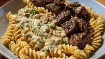 Steak Bites in Garlic Parmesan Sauce over Rotini