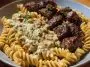 Steak Bites in Garlic Parmesan Sauce over Rotini