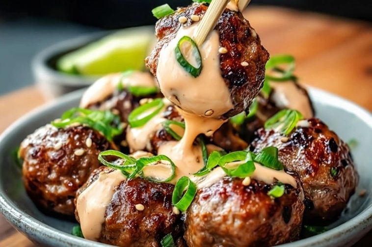 Tender Korean BBQ Meatballs with Spicy Mayo Dip