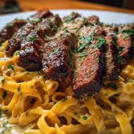 Velveeta Steak Fettuccine with Garlic Butter Cream Sauce