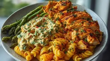 Zesty Greek Chicken Pasta with Spicy Harissa Feta Cream & Roasted Asparagus Crisps