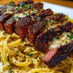 Cajun Garlic Butter Steak over Creamy Parmesan Linguine