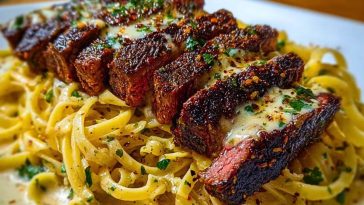 Cajun Garlic Butter Steak over Creamy Parmesan Linguine