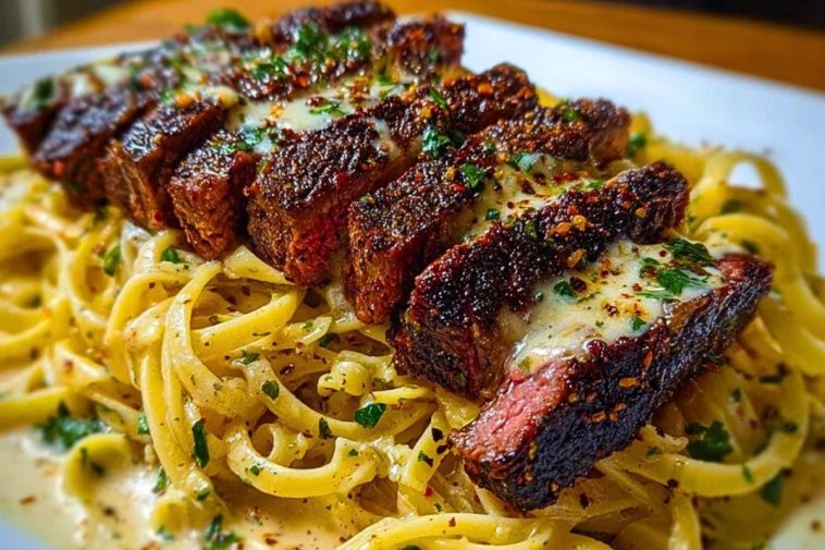 Cajun Garlic Butter Steak over Creamy Parmesan Linguine
