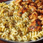 Cheesy Alfredo Twisted Pasta with Golden Garlic Butter Chicken in Creamy Sauce