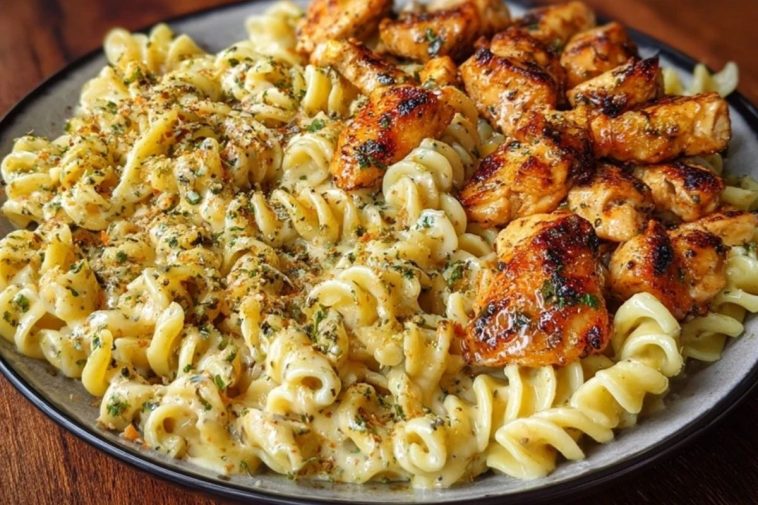 Cheesy Alfredo Twisted Pasta with Golden Garlic Butter Chicken in Creamy Sauce