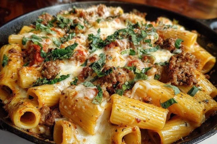 Cheesy Beef and Italian Sausage Rigatoni in Garlic Butter Sauce