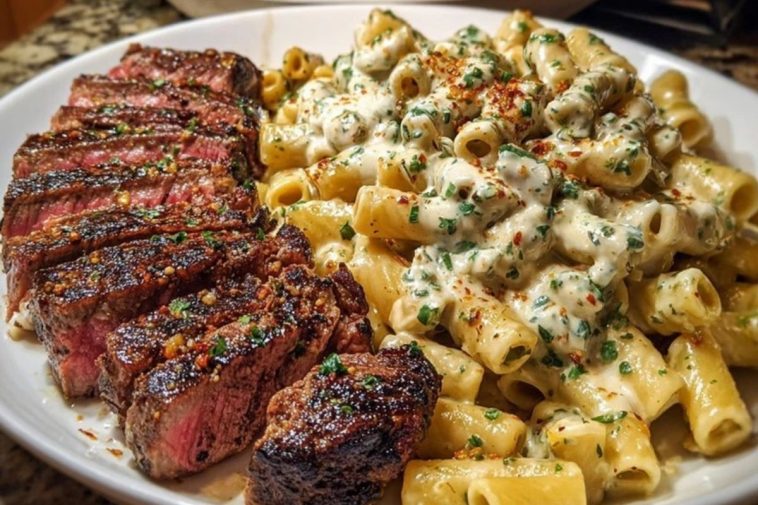 Cheesy Cajun Garlic Butter Steak with Creamy Rigatoni