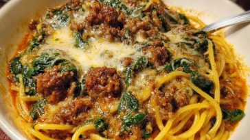 Cheesy Garlic Butter Spaghetti with Italian Sausage & Spinach