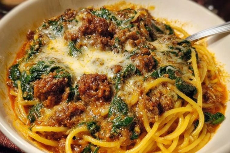 Cheesy Garlic Butter Spaghetti with Italian Sausage & Spinach