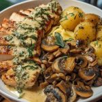 Chestnut Garlic Greek Chicken Alfredo with Sage Potatoes & Mushroom Basil Pesto Cream