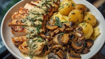 Chestnut Garlic Greek Chicken Alfredo with Sage Potatoes & Mushroom Basil Pesto Cream