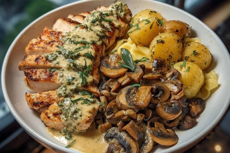 Chestnut Garlic Greek Chicken Alfredo with Sage Potatoes & Mushroom Basil Pesto Cream