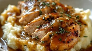 Chicken and Garlic Gravy with Cheesy Mashed Potatoes