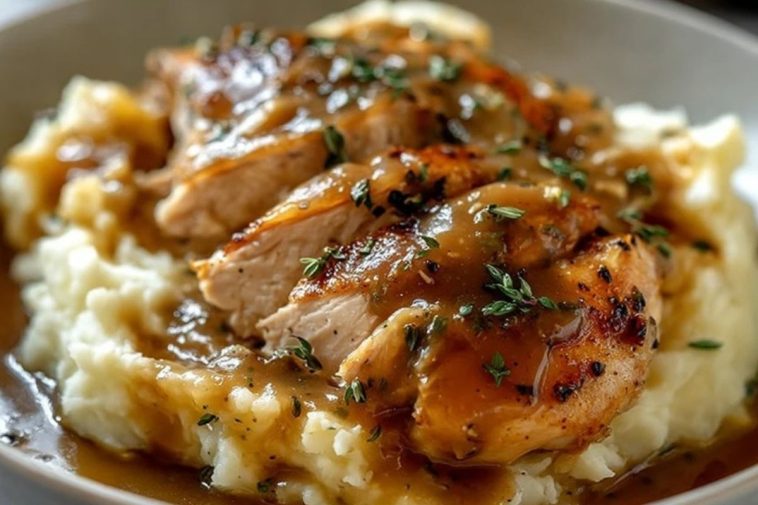 Chicken and Garlic Gravy with Cheesy Mashed Potatoes