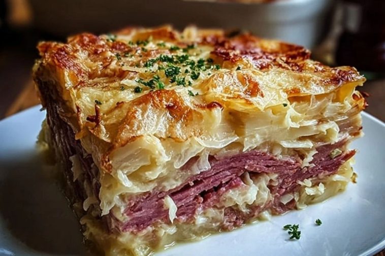 Classic Reuben Bake with Corned Beef, Sauerkraut & Swiss