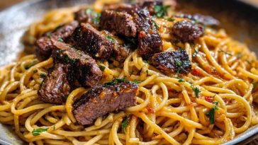 Creamy Cajun Garlic Butter Spaghetti with Beef Strips
