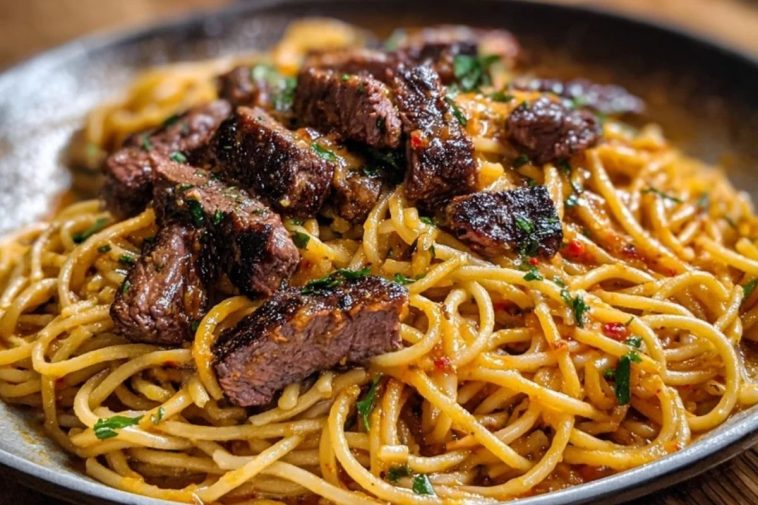 Creamy Cajun Garlic Butter Spaghetti with Beef Strips